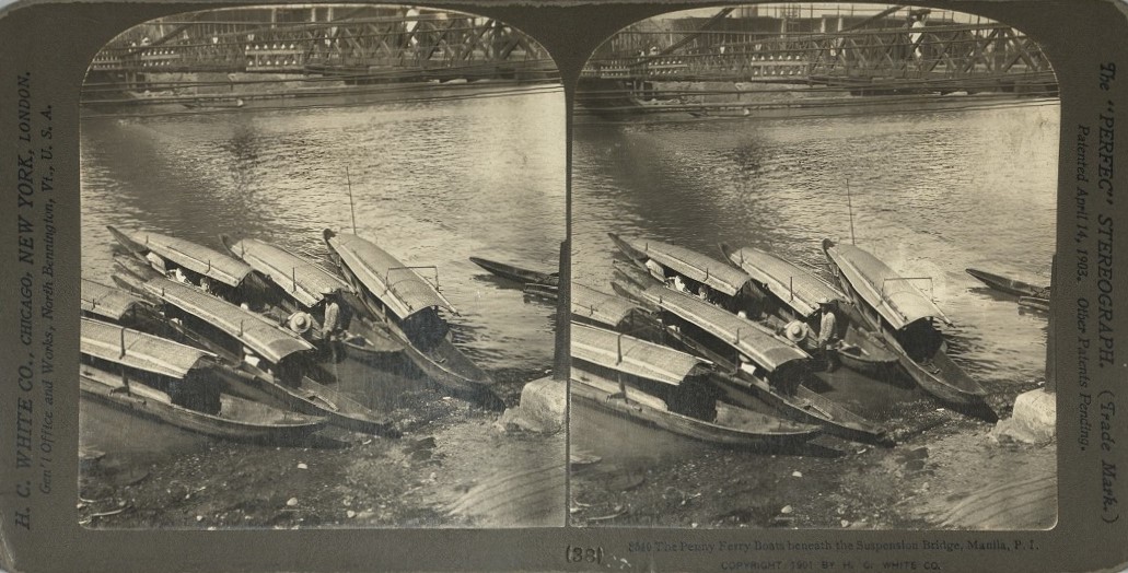 The Penny Ferry Boats beneath the Suspension Bridge, Manila, P. I.